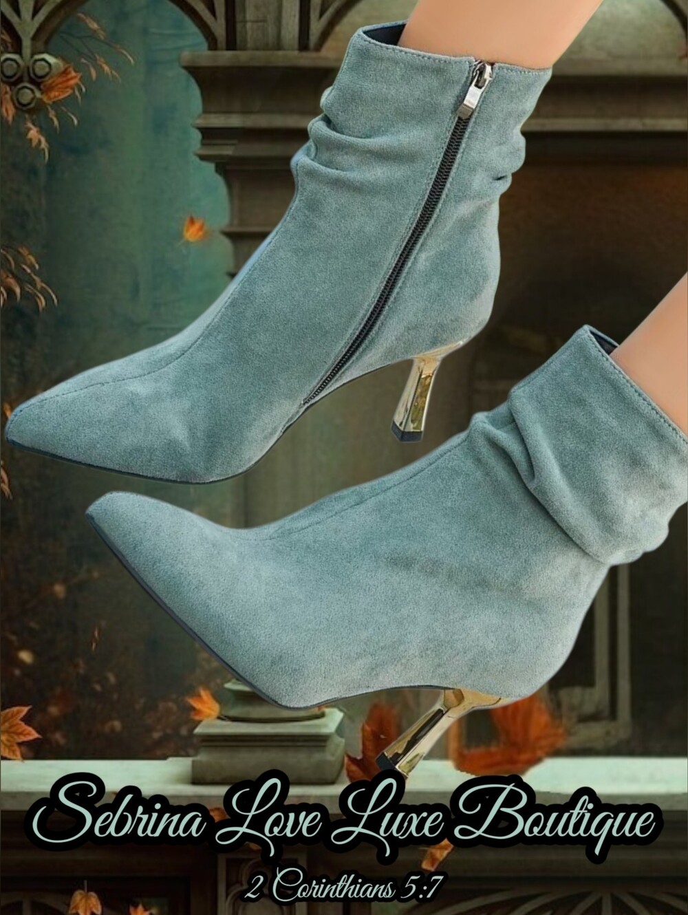 Beautiful Mint Sage Green Faux Suede Gold Heel Ankle Boots